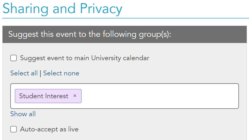 Screenshot of the sharing and privacy process for the student interest calendar