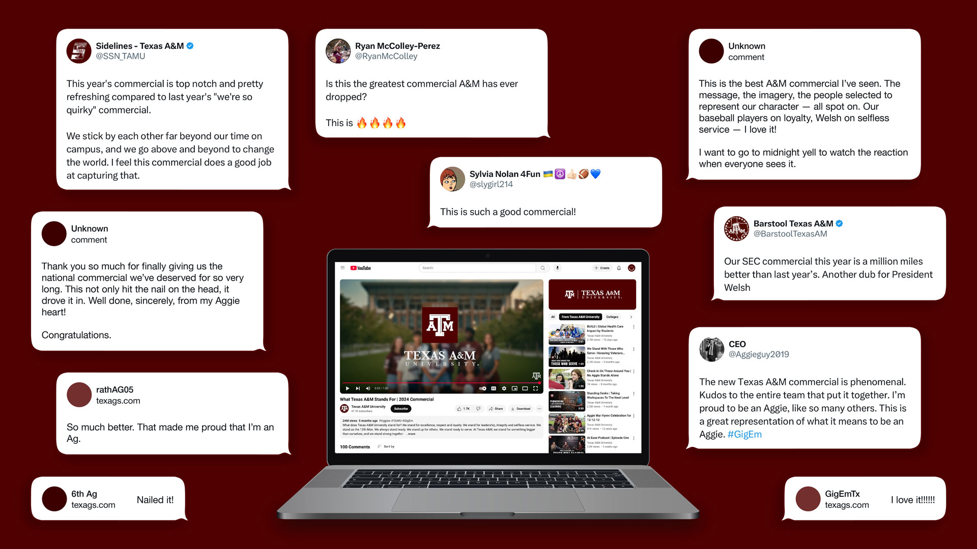a laptop screen displaying a Texas A&M University YouTube video titled 'What Texas A&M Stands For | 2024 Commercial.' The comments are positive, praising the commercial for its strong message, imagery, and representation of the university's values. Various platforms, including Twitter and TexAgs.com, are shown. Some comments mention the commercial being a major improvement over the previous year's and highlight themes of loyalty and selfless service. The overall sentiment is enthusiastic and proud, with phrases like 'This is the best A&M commercial I’ve seen,' 'This is phenomenal,' and 'That made me proud that I’m an Ag'.