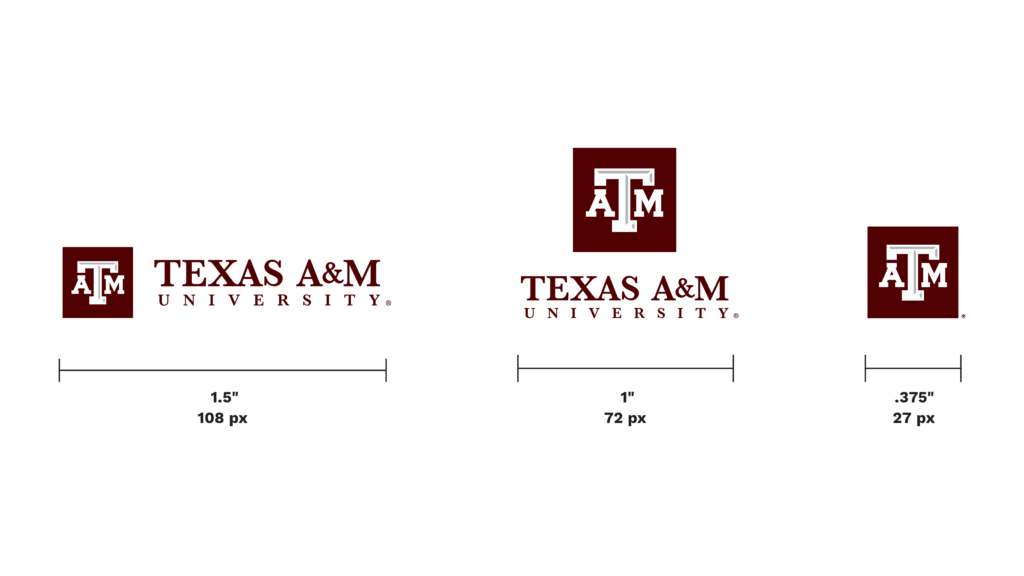 An example of how to properly size the different Texas A&M logo options compared to one another