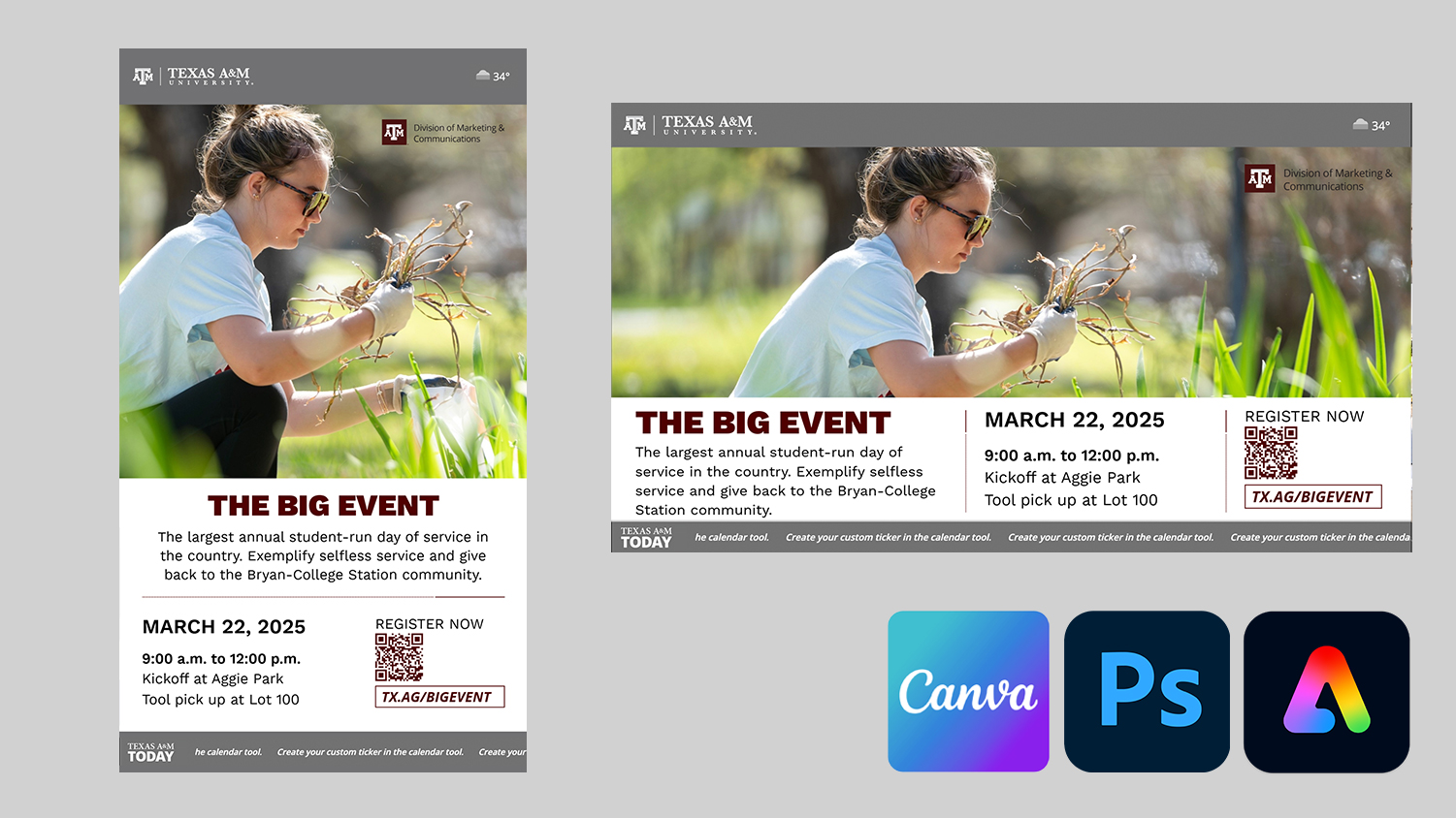 Digital Signage Events Templates with the canva, photoshop and adobe express logos