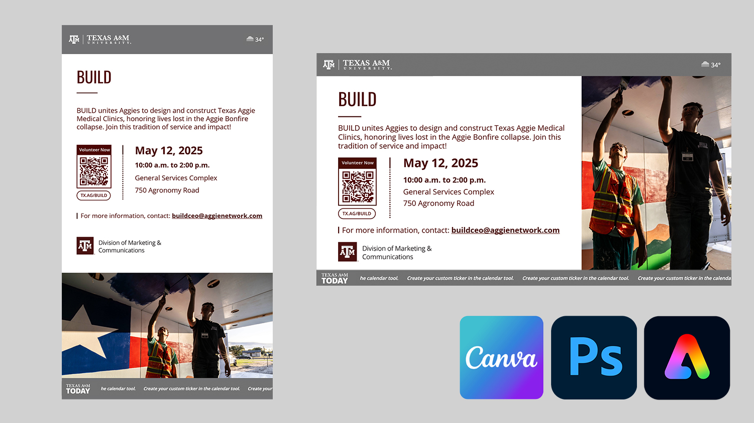 Collage of Digital Signage assets with the canva, photoshop and adobe express logos in the bottom right corner