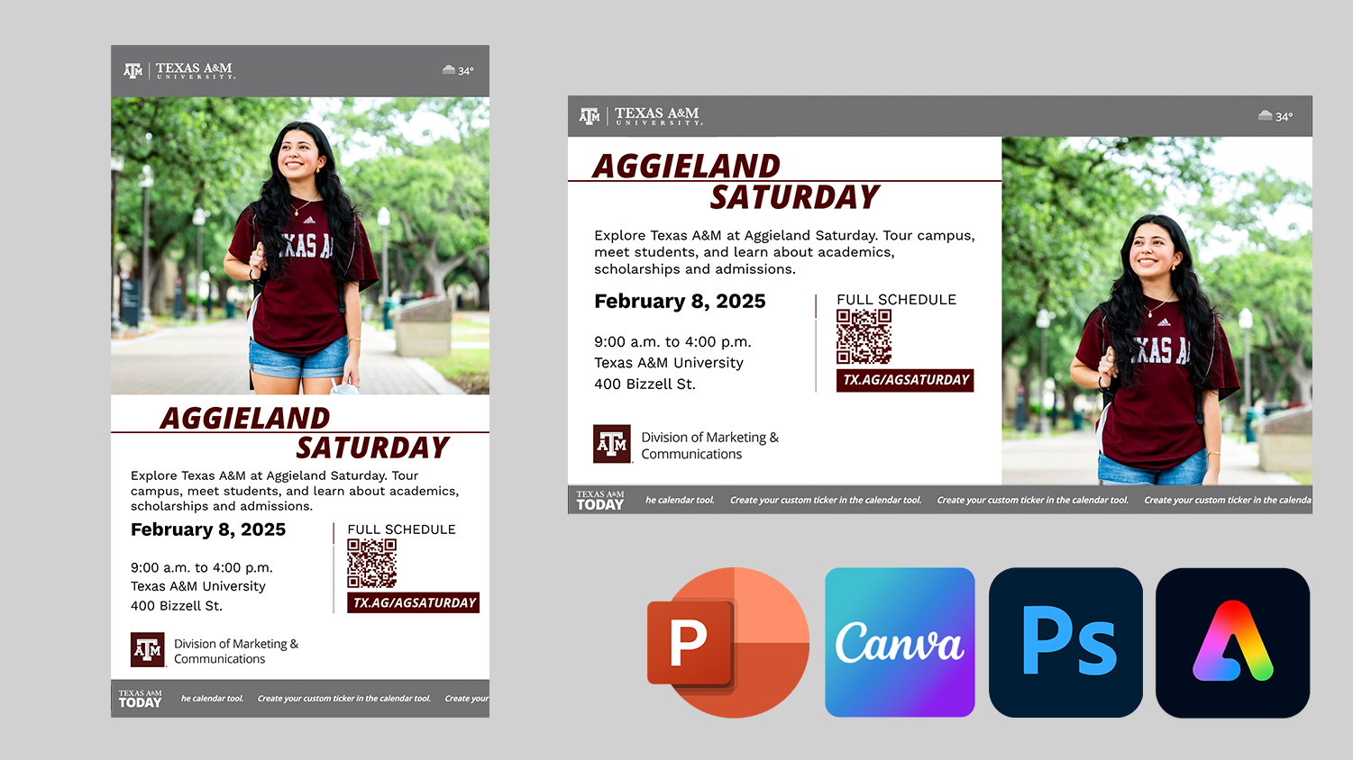 Collage of Digital Signage assets with the powerpoint, canva, photoshop and adobe express logos in the bottom right corner