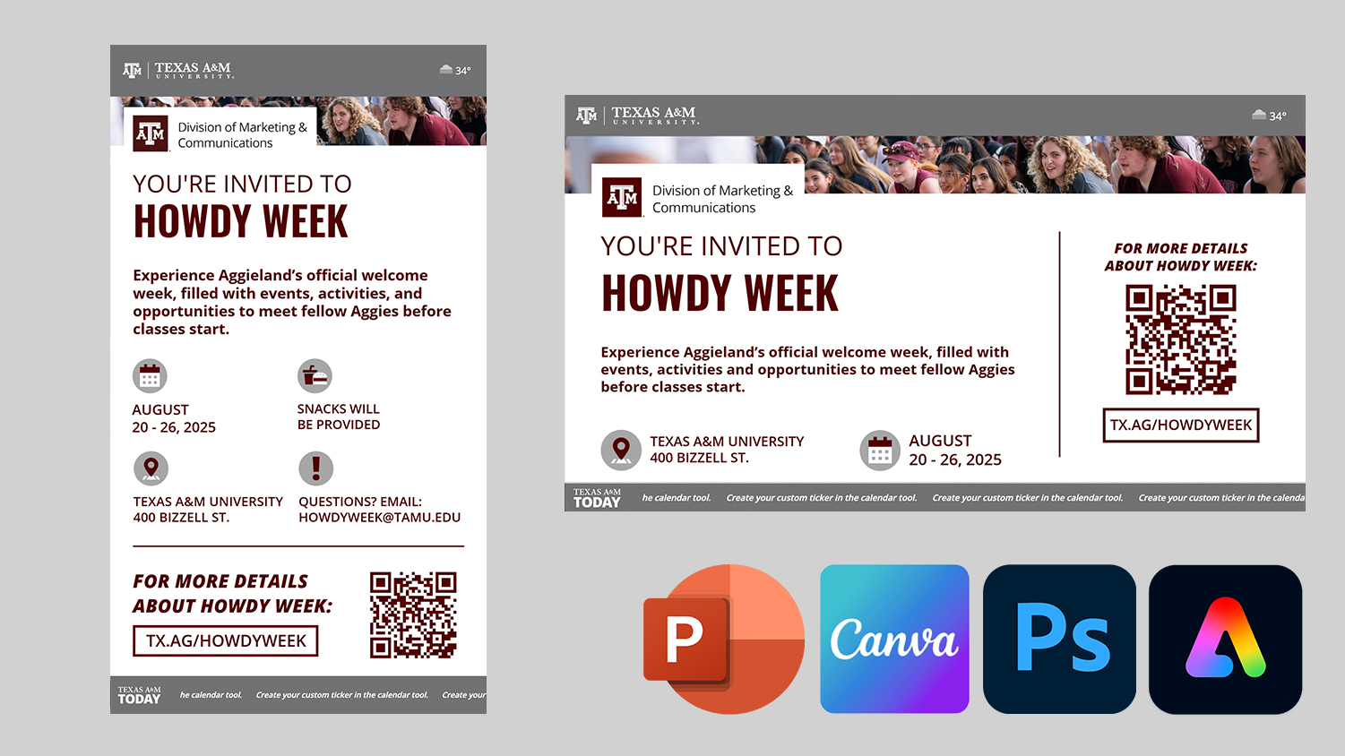 Collage of Digital Signage Assets with the powerpoint, canva, photoshop and adobe express logos in the bottom right corner