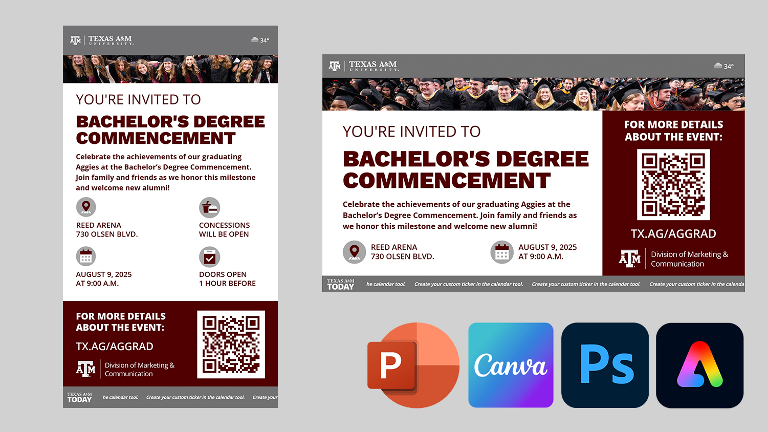 Collage of digital signage assets with the powerpoint, canva, photoshop and adobe express logos in the bottom right corner