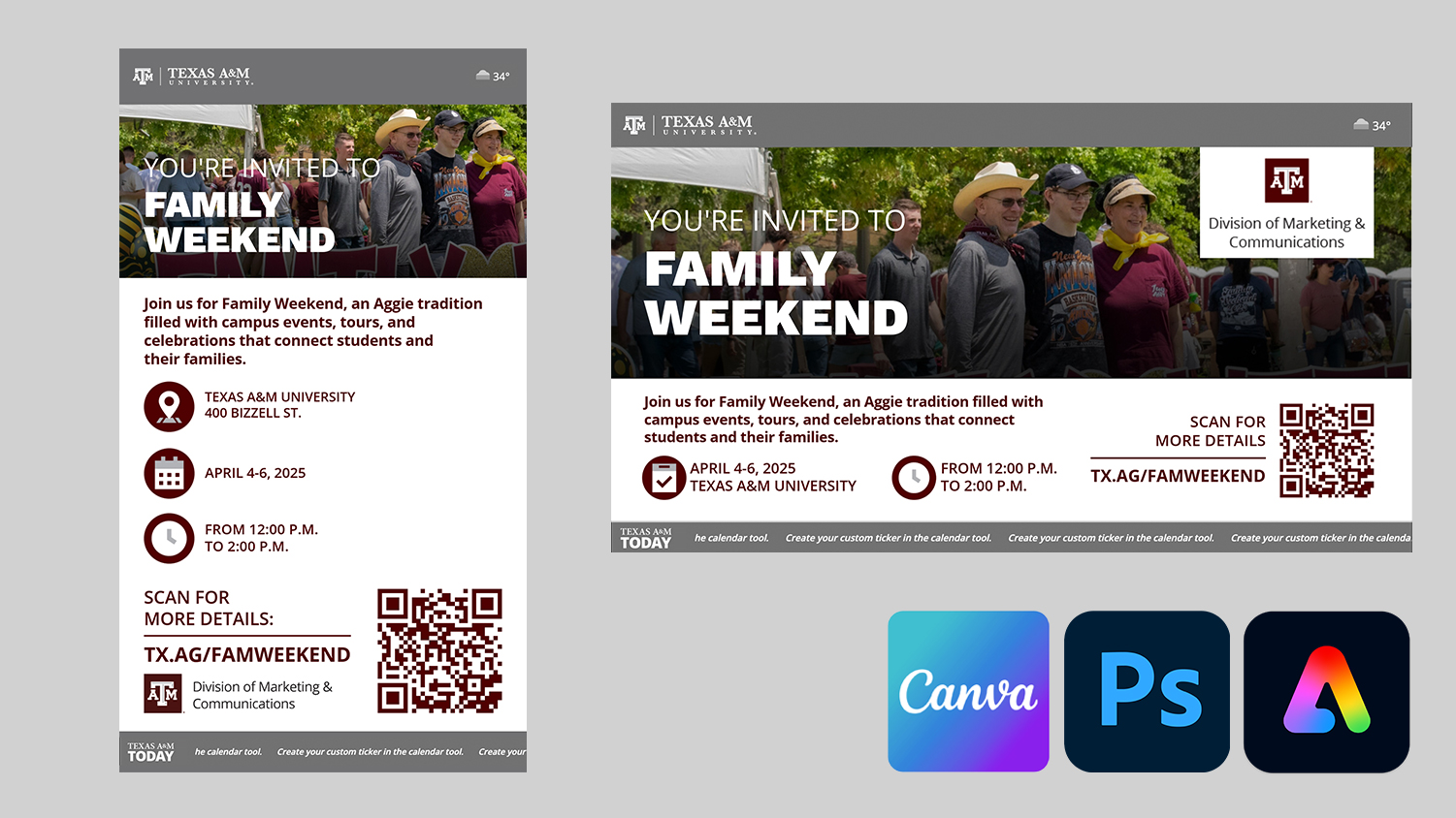 Collage of digital signage assets with the canva, photoshop and adobe express logos in the bottom right corner