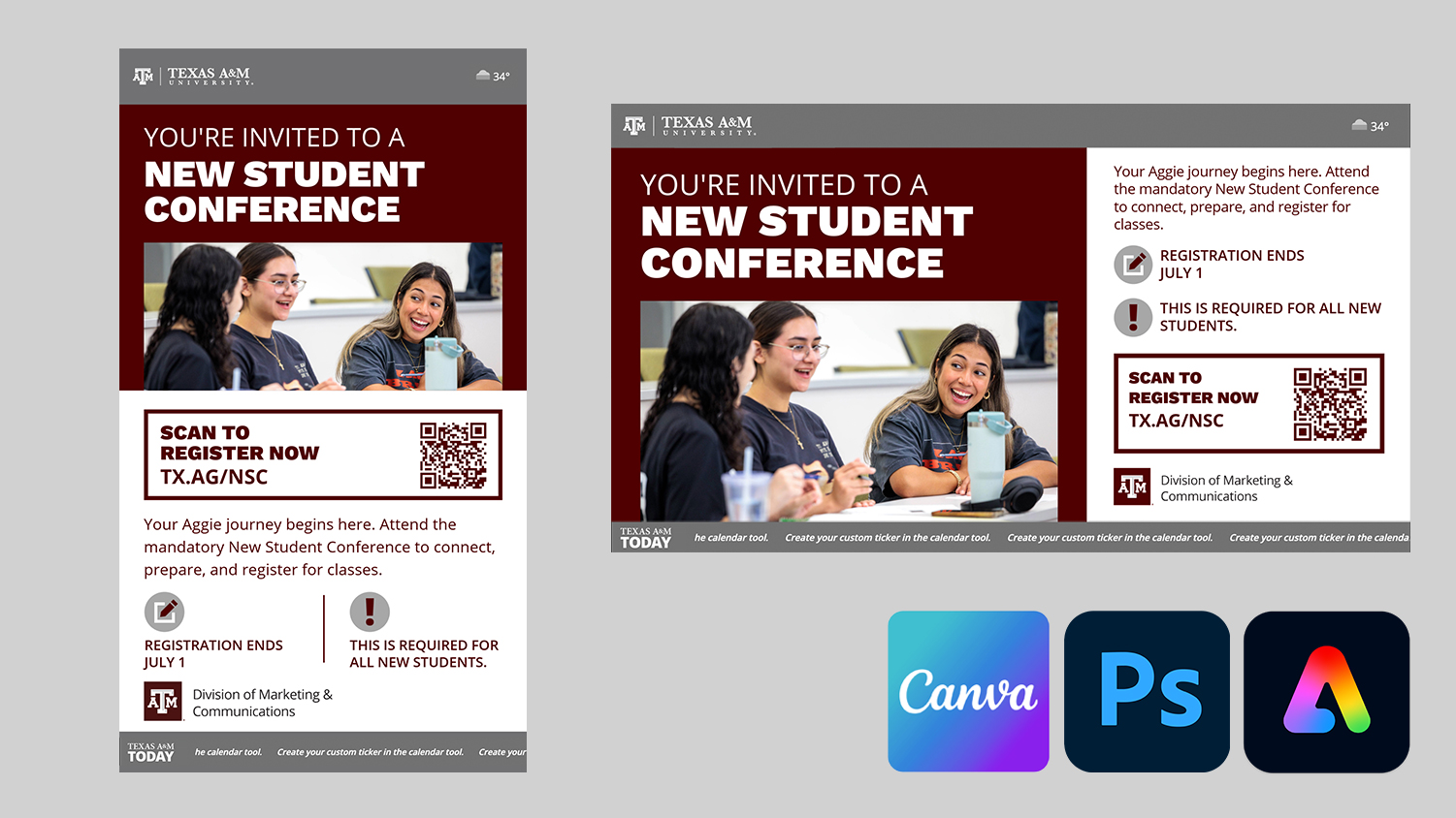 Collage of digital signage assets with the canva, photoshop and adobe express logos in the bottom right hand corner