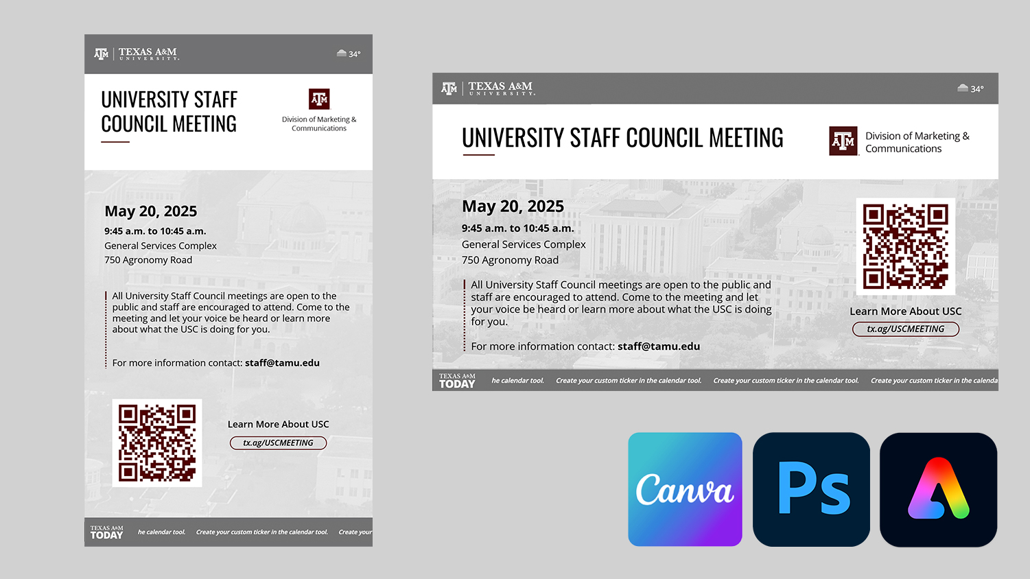 Collage of Digital Signage assets with the canva, photoshop and adobe express logos in the bottom right corner