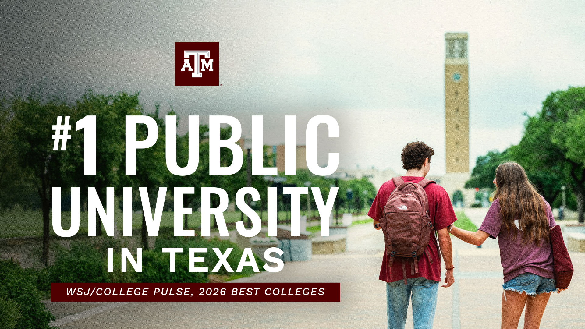 Social media graphic showing Texas A&M's ranking of #1 in Texas on top of a campus scene photo