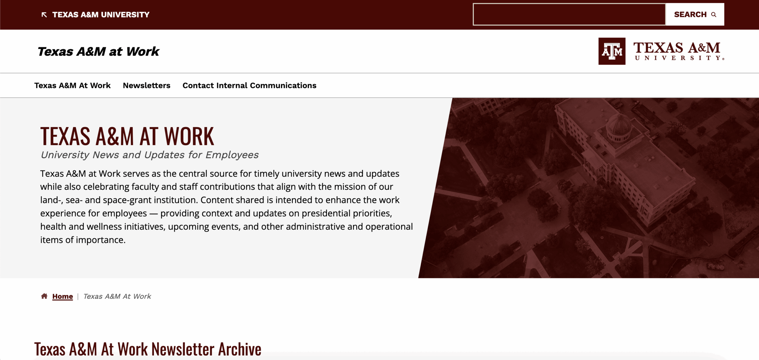 A screenshot from the Texas A&M at Work website