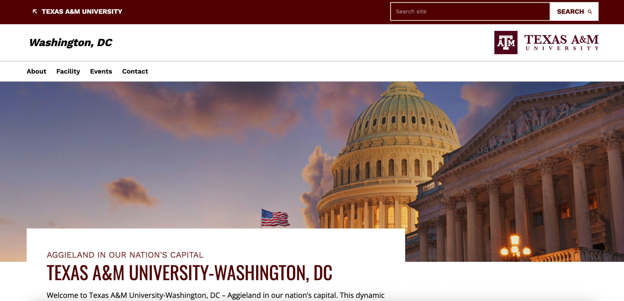 A screenshot from the Texas A&M University Washington D.C website