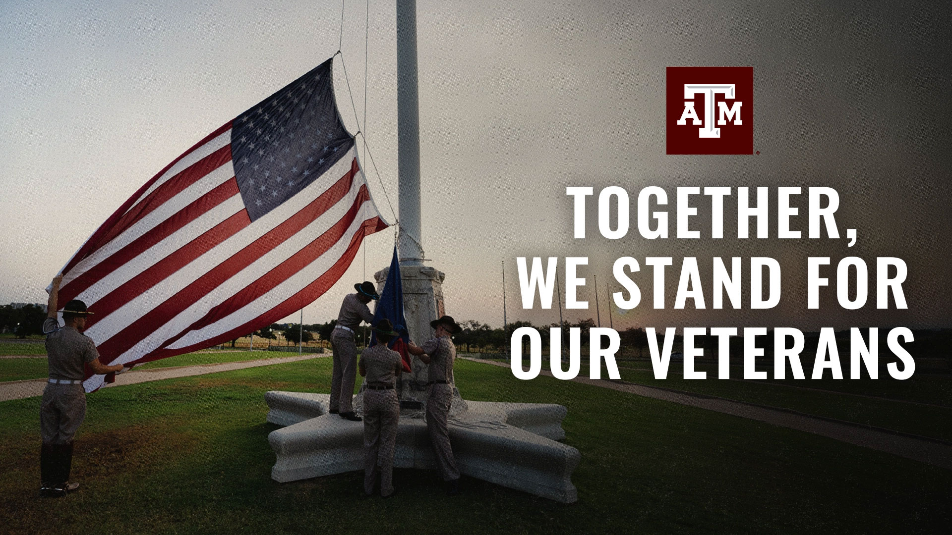 Together, We Stand for our Veterans social graphic with the American flag being raised on campus