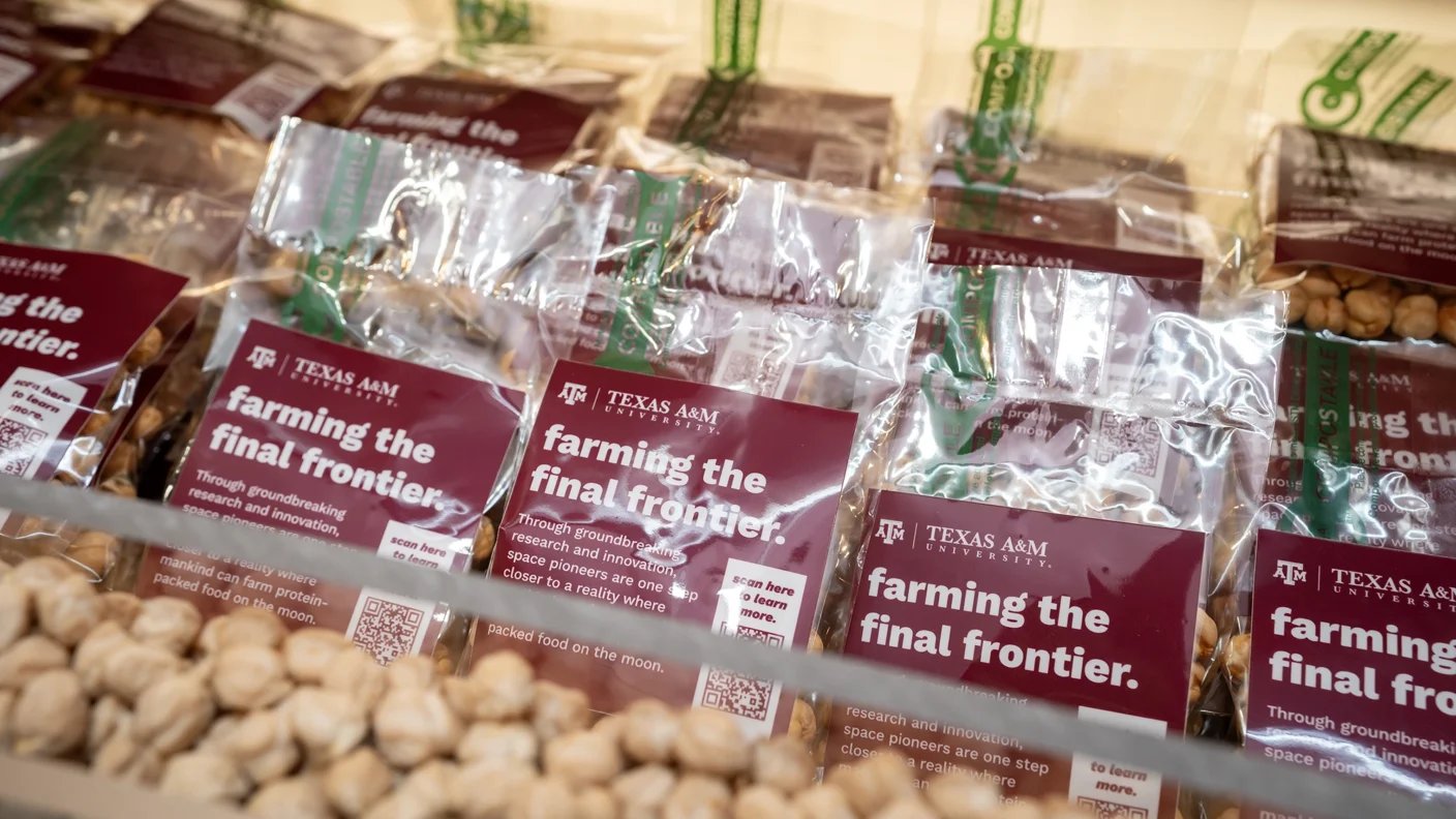 Bagged goodies served at SXSW 2025 advertising Texas A&M's research interest like being able to grow chickpeas on the moon