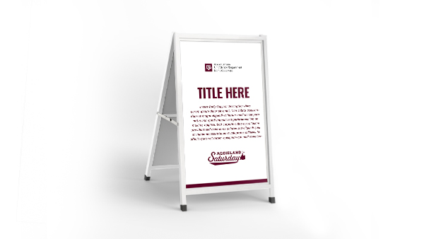 Digital mockup of an A-Frame sign with Aggieland Saturday marks