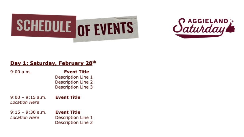 Screenshot of the Aggieland Saturday schedule example in a word document