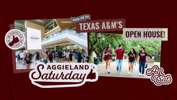 Aggieland Saturday graphic with a collage of photos and sticker motifs