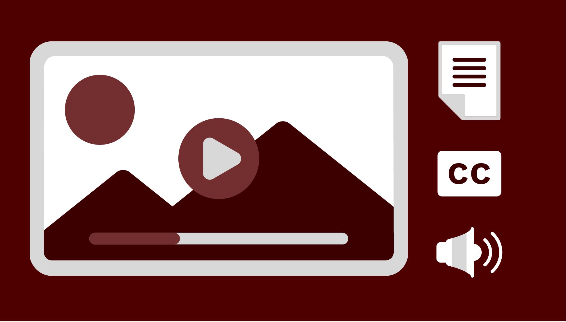 A vector graphic of a default video image, with a mountain and sun, and play button in the center. To the right, is a document icon, a closed captions icon, and a speaker icon