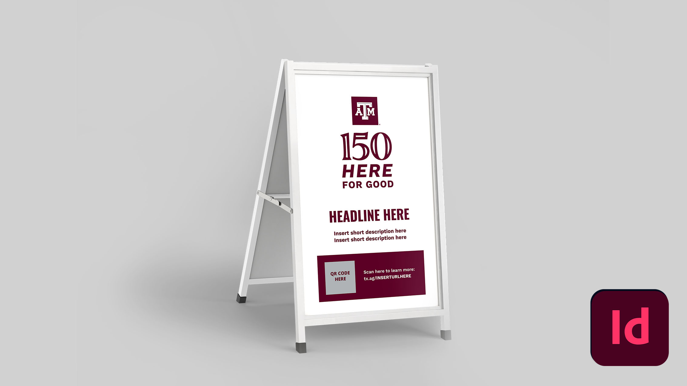 Mockup of an A-Frame highlighting the 150th anniversary of Texas A&M University