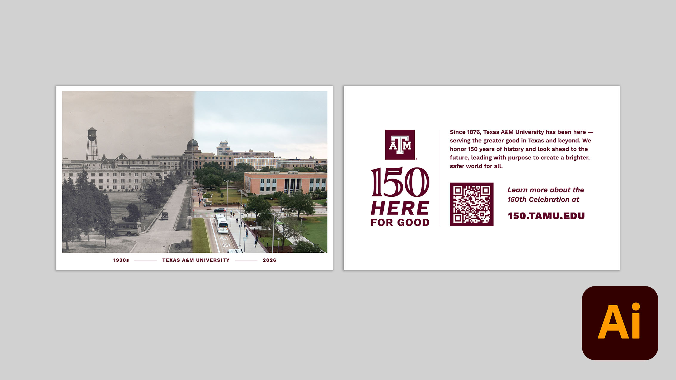 Examples of the front and back of the 150th celebration postcard that lists information about the events and includes a before and after photo of the academic building on the Texas A&M campus