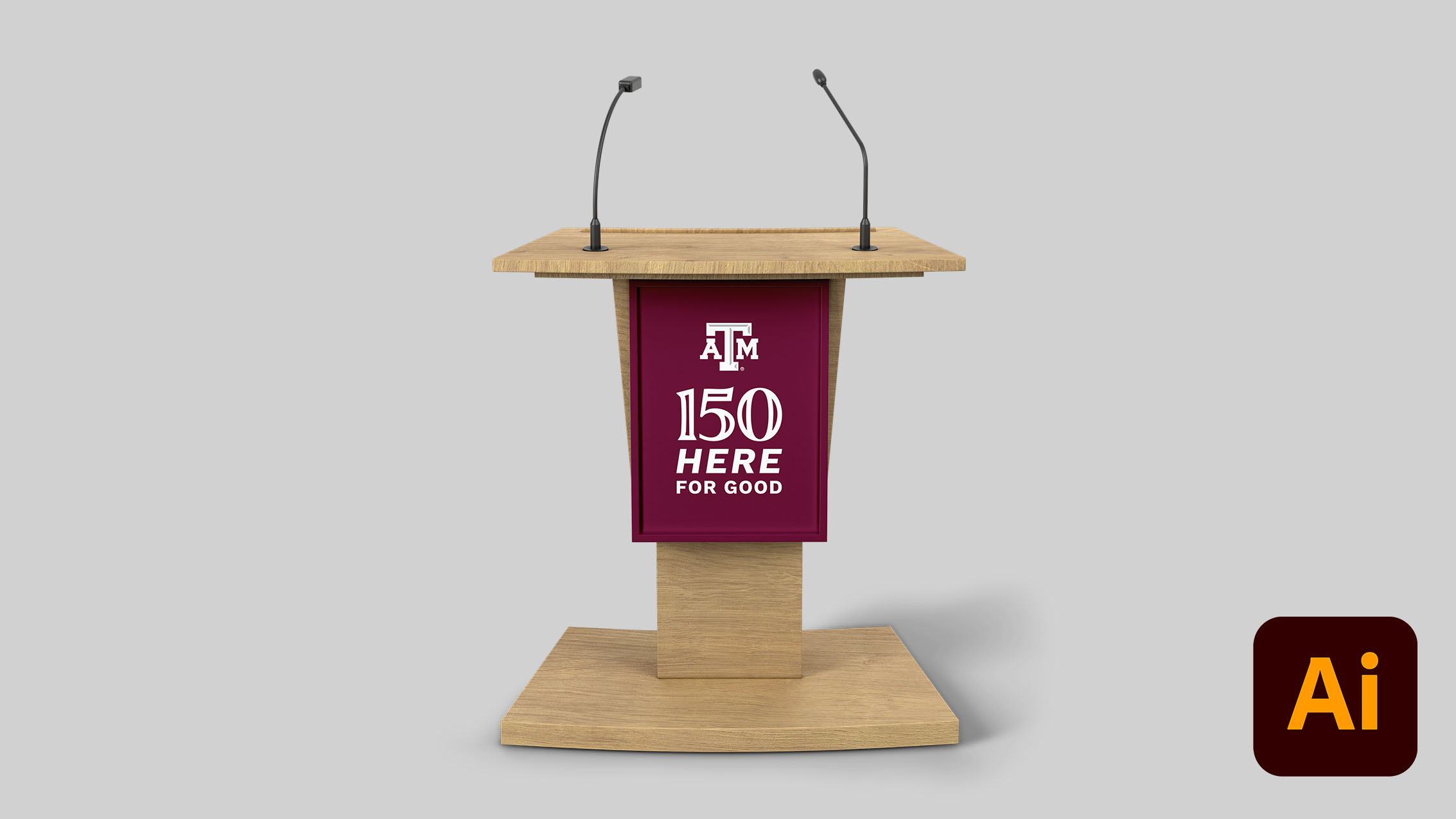 Mockup of the 150th celebration podium sign graphics on a digitally rendered podium
