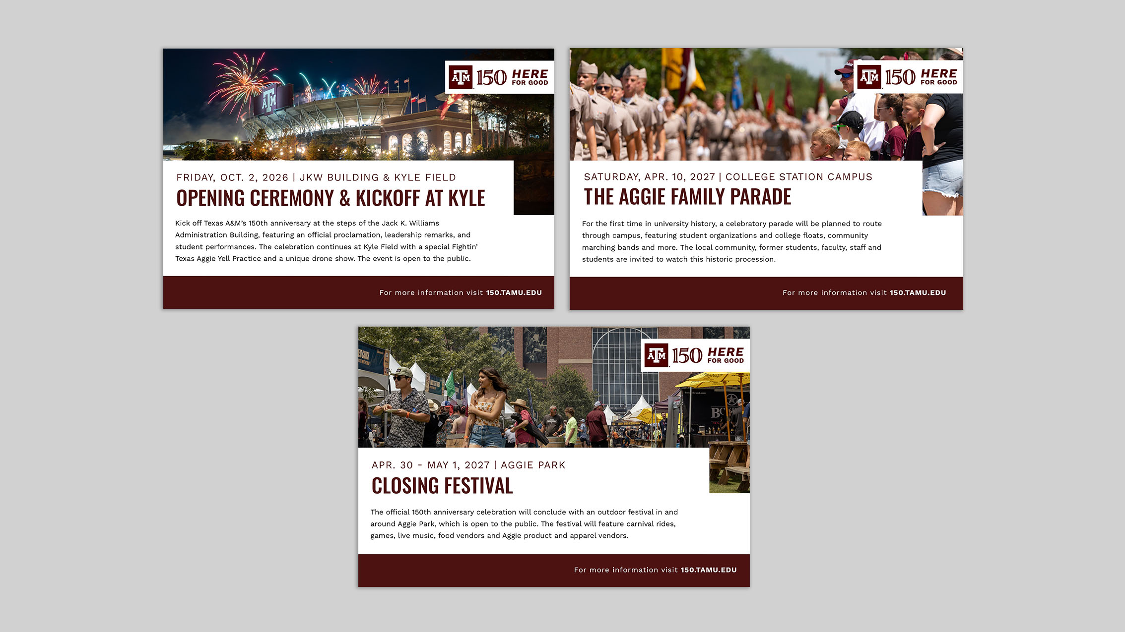 A collage of all downloadable save the date files for the university's 150th celebration