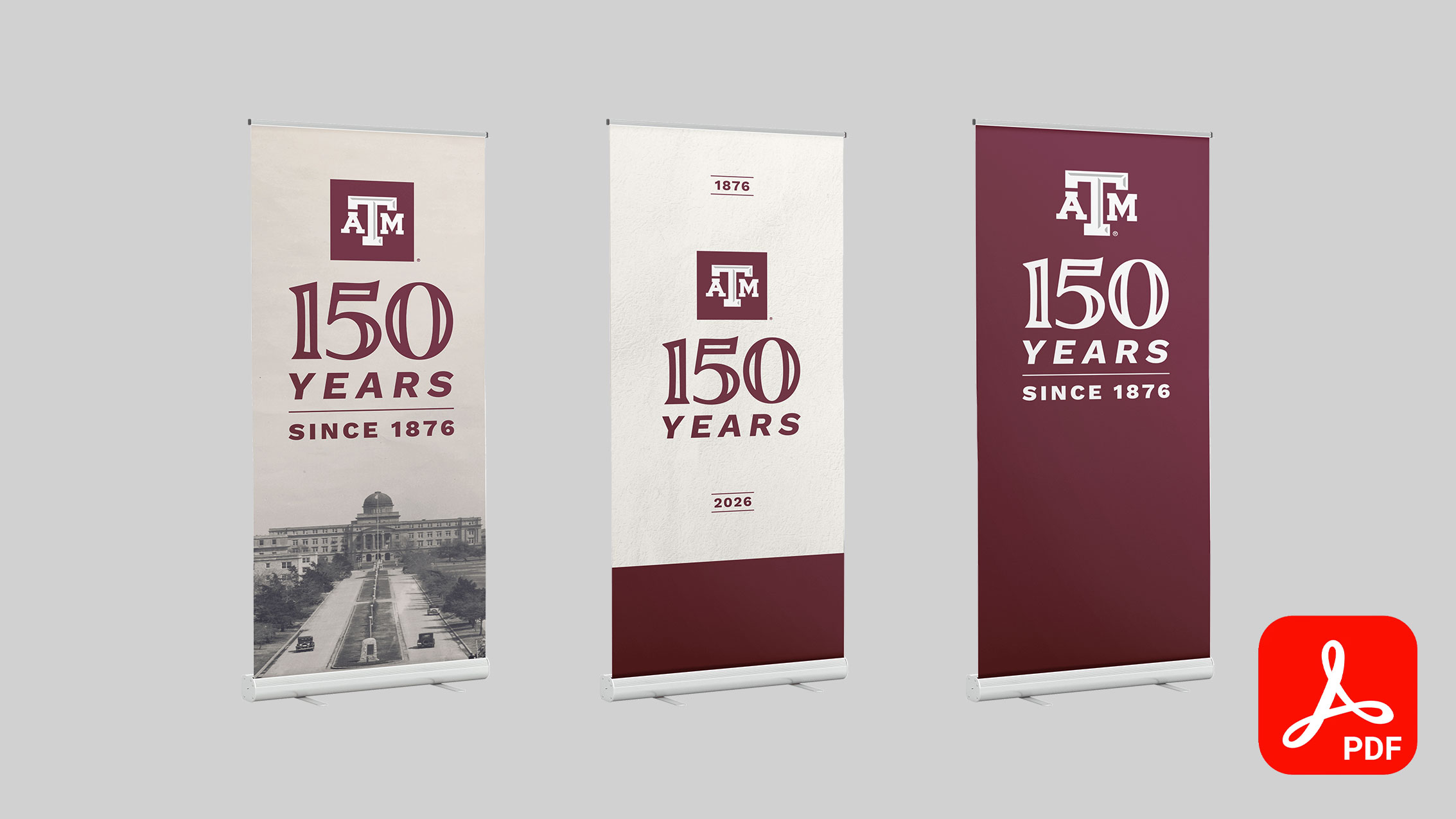 A collage of all three retractable banners (old academic building, textured and maroon) next to each other