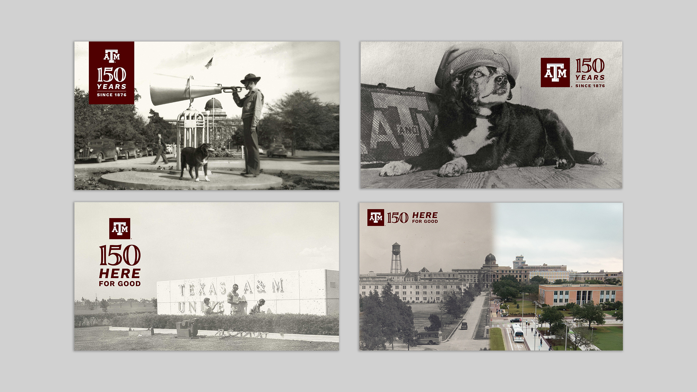 A collage featuring all four 150th celebration zoom backgrounds (bugle call, original reveille, main university sign and academic building before and after)