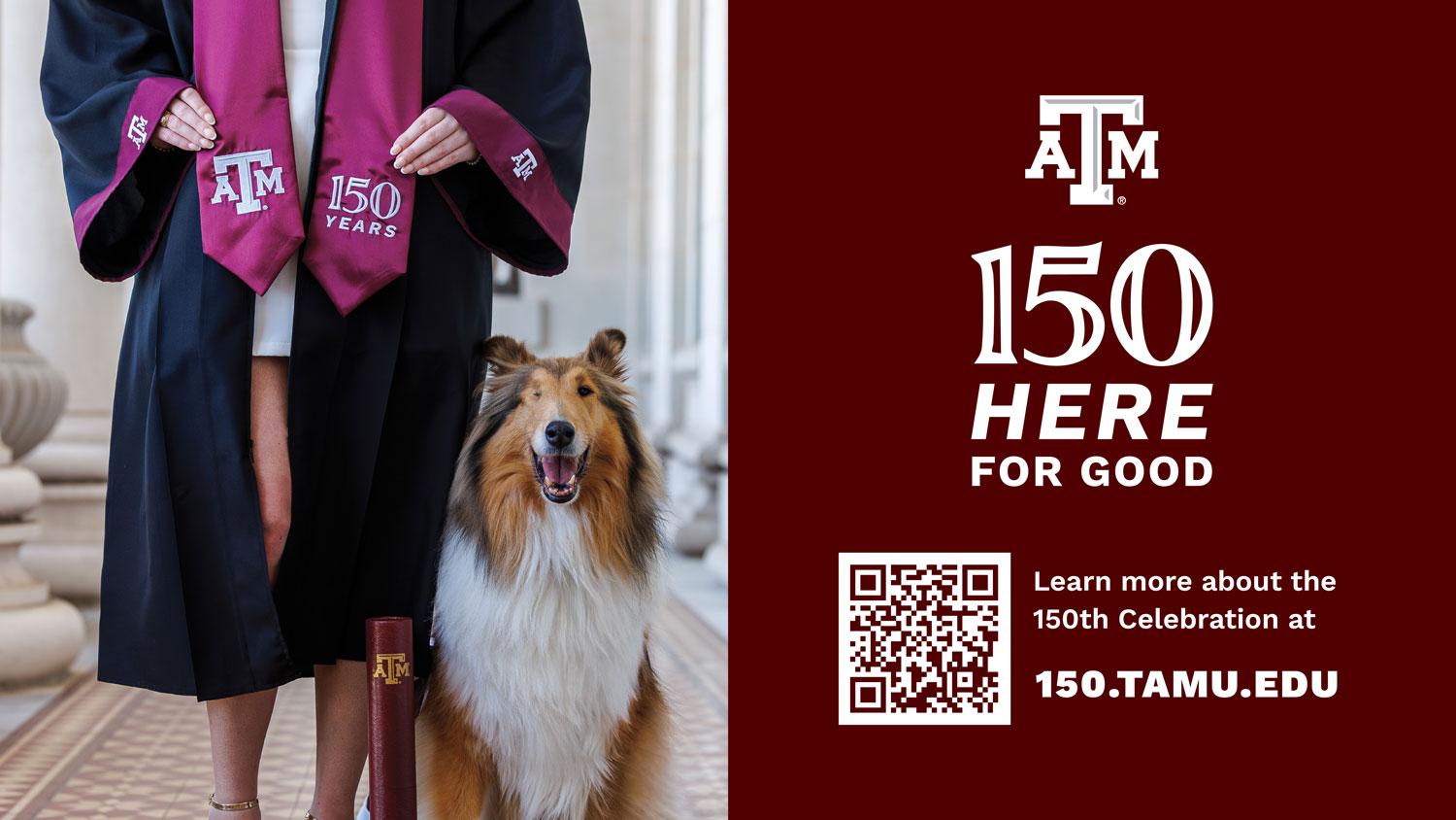 Student wearing graduation regalia standing with reveille