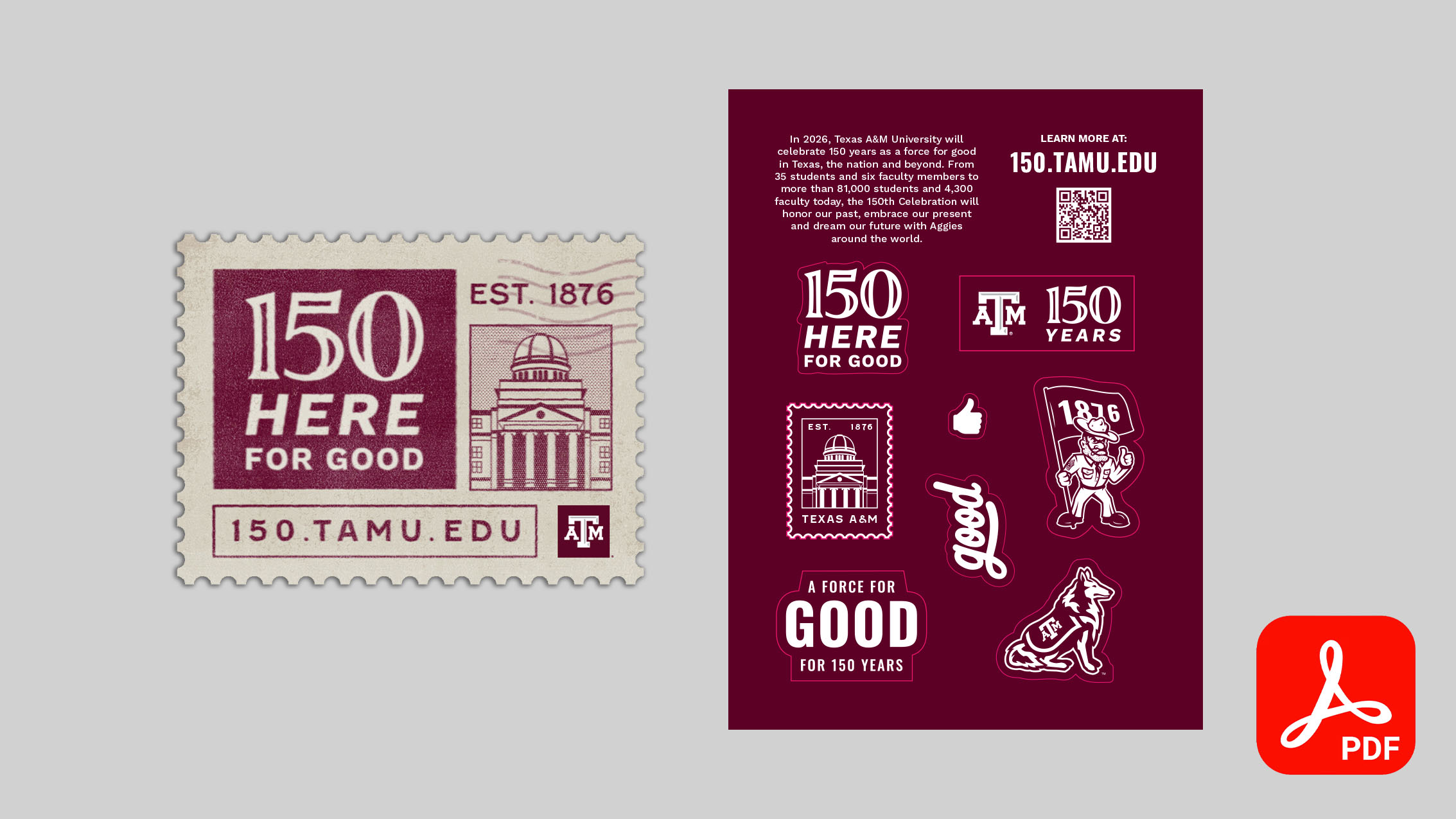 A collage of stickers to celebrate Texas A&M's 150th celebration